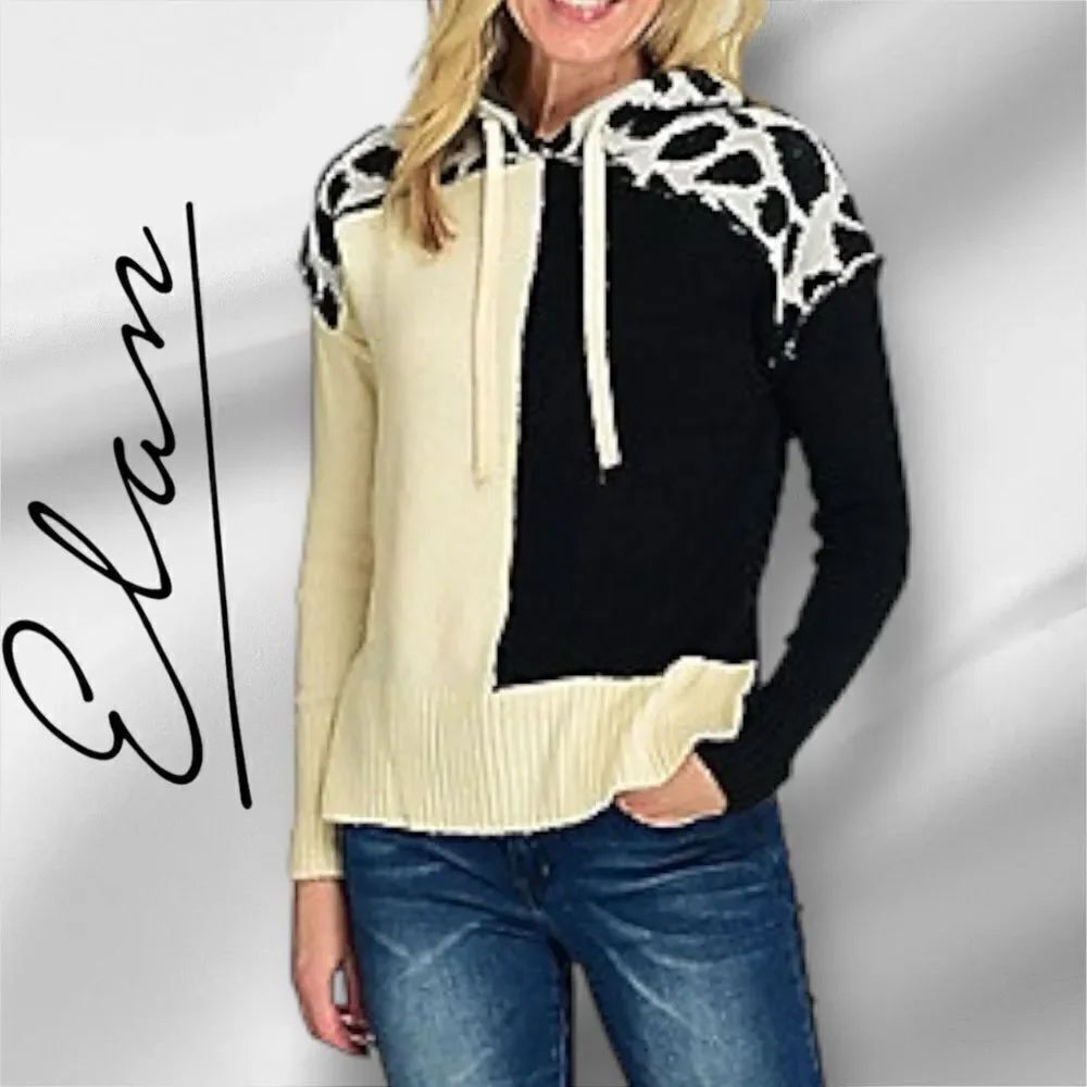 ELAN Women’s Solid & Printed Sweater Knit Color Block Hoodie in the Size Large
